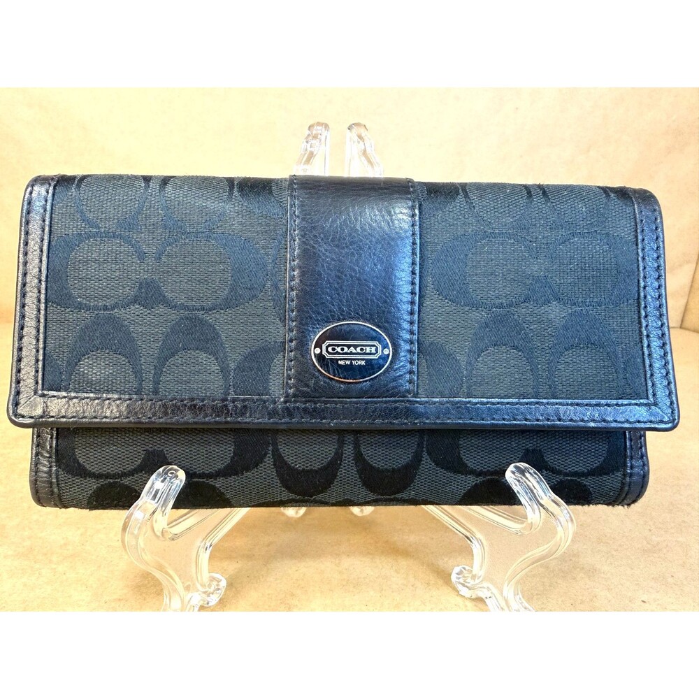 Coach Black Signature Canvas Checkbook Wallet with Leather Trim AUTHENTICATED